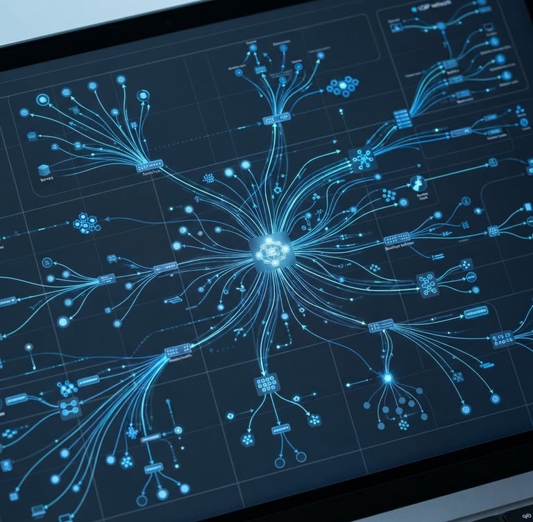 Macro shot of a laptop screen displaying a clean, modern VOIP dashboard interface with network routing diagrams, cool crisp studio lighting, deep slate and electric blue tones, sharp macro focus.