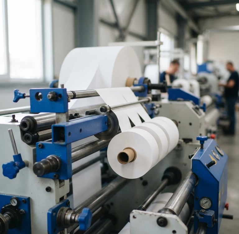 Close-up of clean white thermal rolls on a modern industrial slitting machine, bright natural daylight, sharp focus, professional editorial photography
