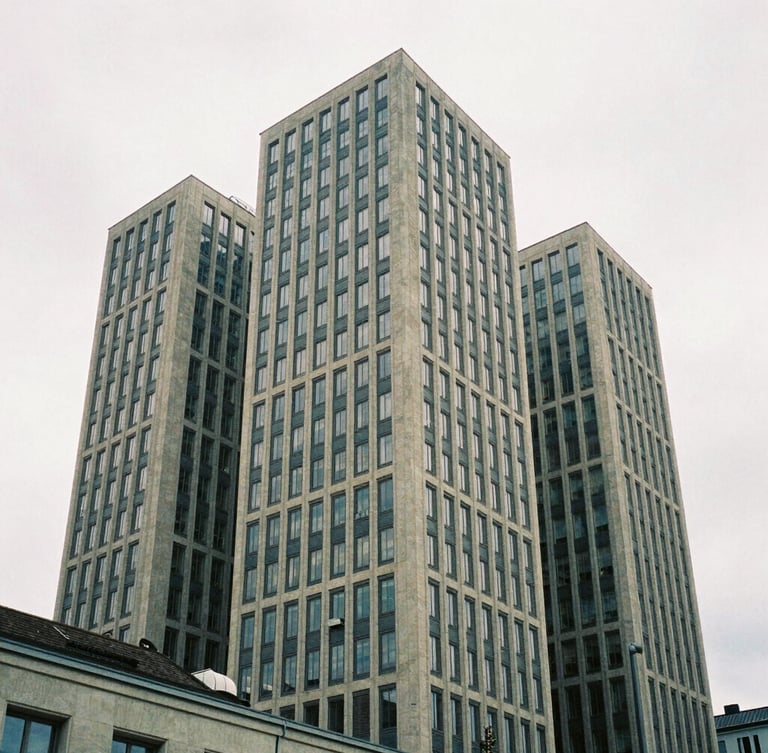 Architectural crop of a Zurich financial hub, sharp concrete lines against soft overcast daylight, desaturated navy and sand tones, 35mm film grain