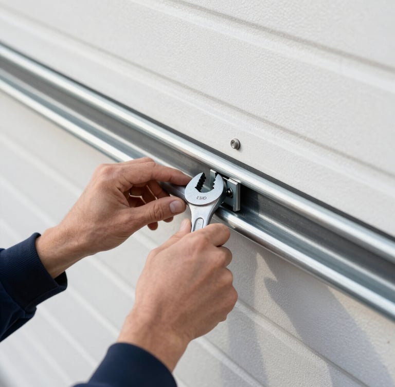 Close-up of a technician's hands adjusting a heavy-duty steel garage door track with a wrench, bright natural daylight, clean industrial steel tones, detailed focus, 35mm lens.