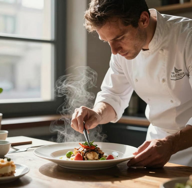 Un chef concentré dressant une assiette à la pince sous la lumière douce d'une fenêtre, vapeur subtile s'élevant du plat.
