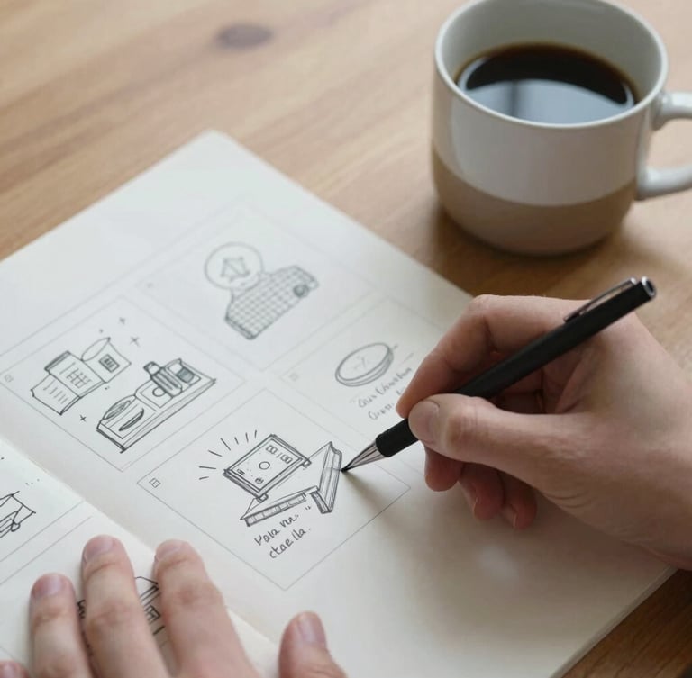 Diffused northern daylight, extreme close-up of hands sketching a storyboard on matte paper next to a ceramic cup of black coffee on a wooden table, minimalist Scandinavian style.