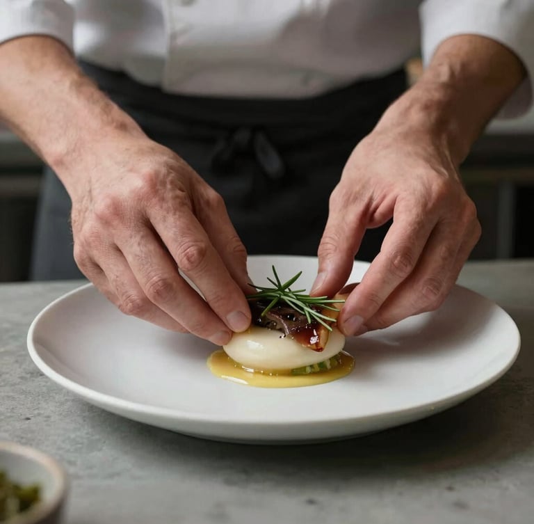 Close-up of a chef's hands carefully plating a minimalist dish in a Scandinavian-designed kitchen, soft diffused side light, matte textures.