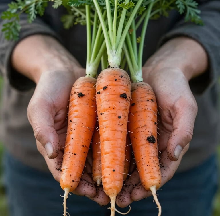 Extreme close-up of dark soil-covered hands gently holding freshly harvested heritage carrots with green tops, diffused northern daylight, Scandinavian style.