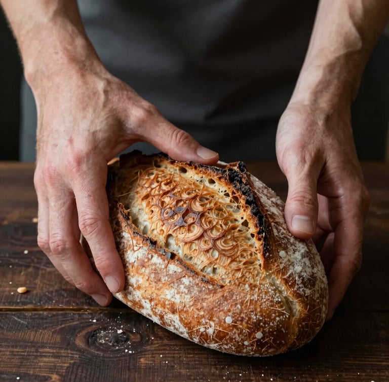 Vue rapprochée en lumière naturelle du nord de mains farinées façonnant délicatement une miche de pain au levain sur un plan de travail en bois sombre.