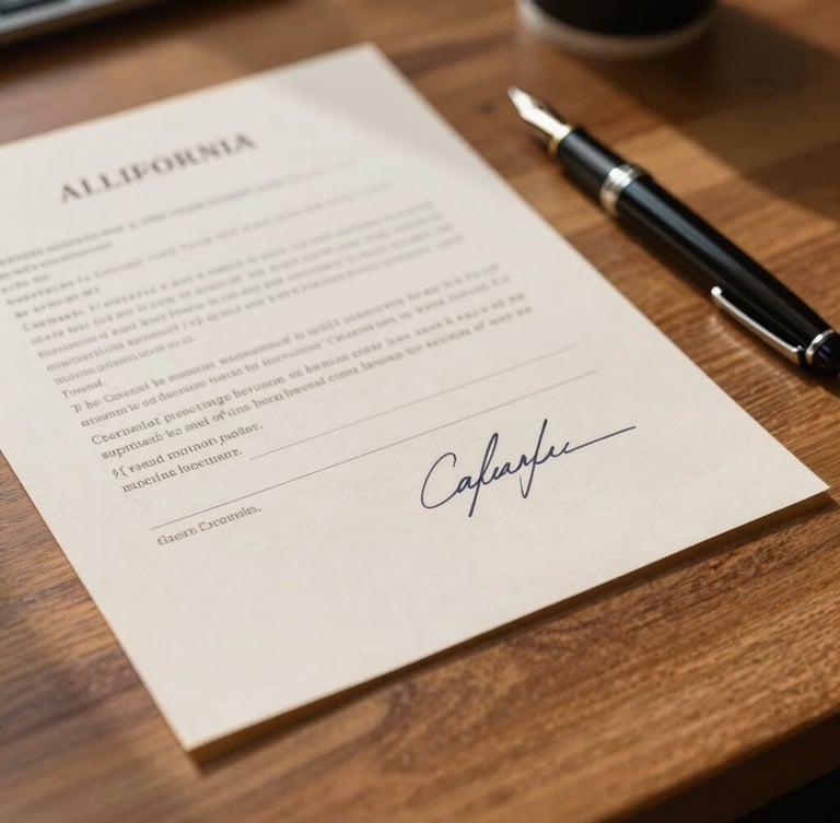 A close-up shot of a signed and stamped California legal document resting on a warm oak desk, a classic fountain pen beside it, soft natural daylight casting long shadows.