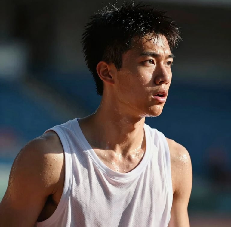Tight action crop of a young basketball player determined, sweat glistening under crisp late-afternoon natural sunlight, grit-textured close-up