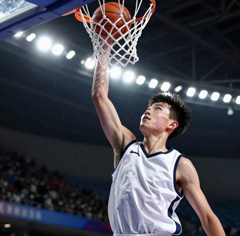 Tight action crop of a young basketball player, age 14, sweat glistening, eyes locked on the hoop mid-air under dramatic stadium side-lighting, high-contrast athletic tones, 35mm lens