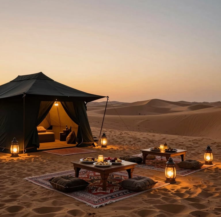 Luxury desert camp setup at twilight, private canopy with glowing lanterns, premium carpets, gourmet food on low tables, luxury editorial travel photography