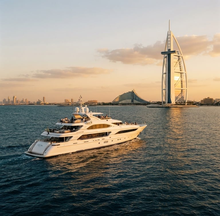 A luxury white yacht sailing on deep blue Dubai sea, background showing the iconic Burj Al Arab during golden hour, high-end editorial travel photography, 35mm cinematic lens