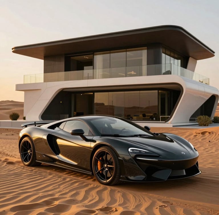 A luxury sports car parked in front of a modern futuristic Dubai villa, sleek lines, golden hour desert sun reflecting on the obsidian metallic surface