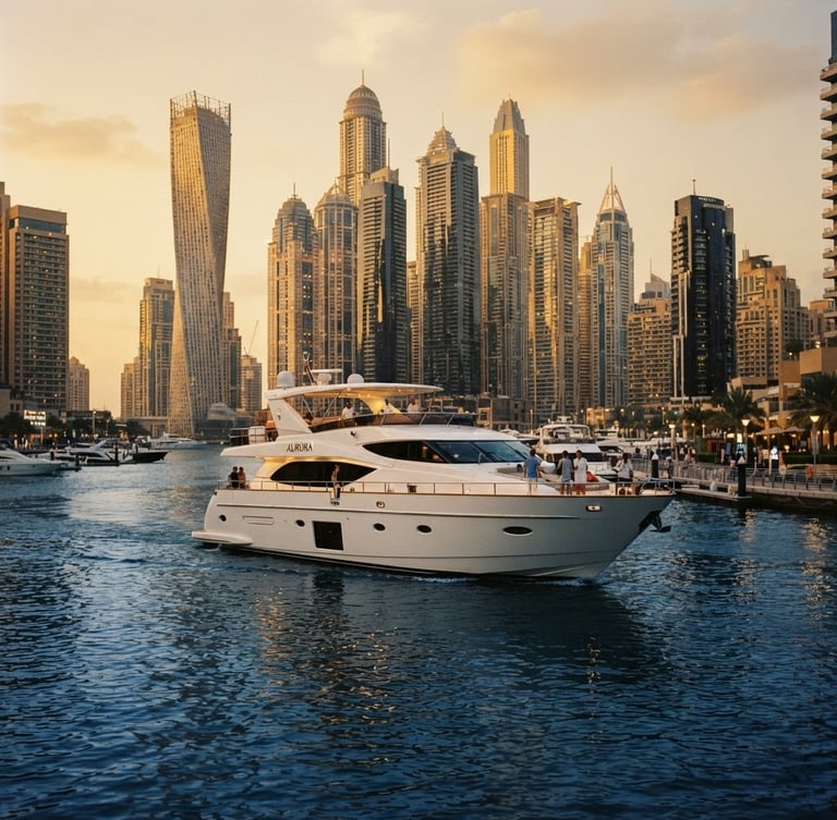 Cinematic 35mm photograph of a sleek white luxury yacht cruising through Dubai Marina at golden hour, deep blue water, towering modern skyscrapers in the background, warm gold sunlight.