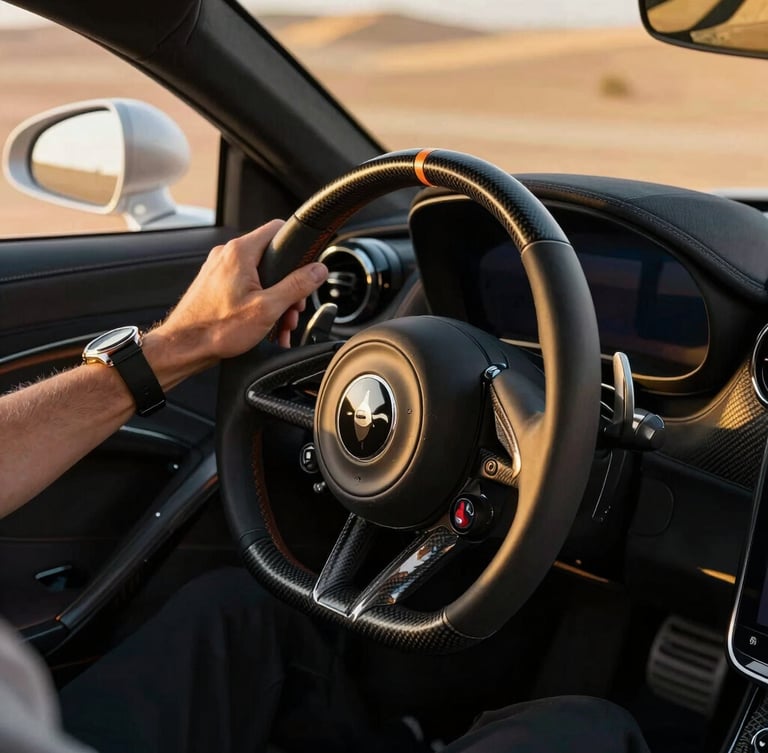Close-up of luxury sports car steering wheel and carbon fiber dashboard, driver holding the wheel with elegant watch, high-contrast daylight, editorial crop