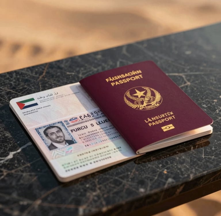 Crisp professional close-up of a Turkish passport and UAE visa document resting on a dark marble desk, soft golden hour side lighting