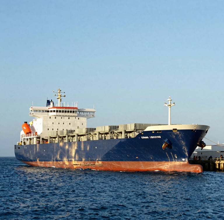 Crisp commercial photography of a modern cargo ship docked at the Port of Libreville, bright natural daylight, deep blue ocean, golden sun rays, sharp focus, 35mm