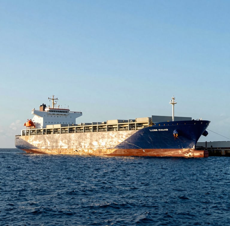 Wide-angle crisp commercial photography of a large cargo ship docked at the Port of Libreville, bright natural daylight, deep blue ocean, golden sunlight accents, sharp 35mm focus.