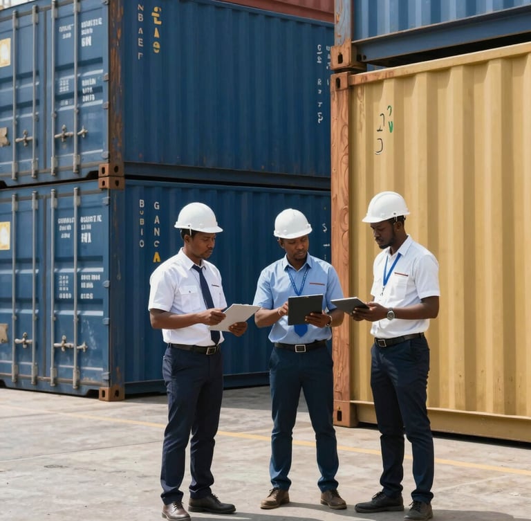 Medium shot of professional Gabonese logistics managers inspecting cargo containers in an organized warehouse environment, bright daylight, sharp focus.