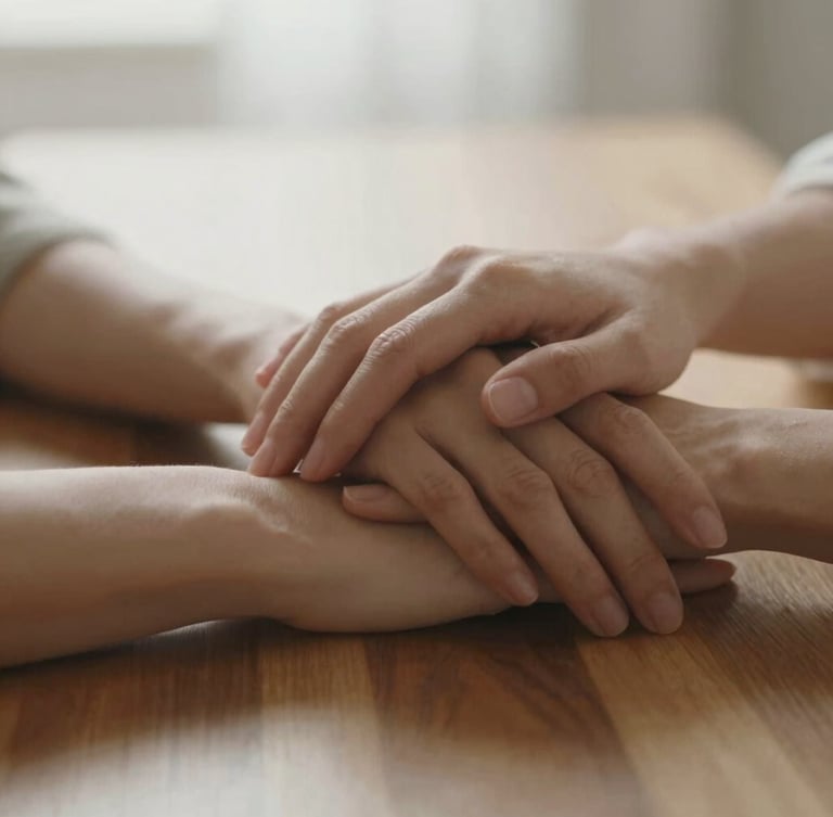 A close-up of two hands gently resting near each other on a warm wooden surface, soft morning light, shallow depth of field, serene and calm atmosphere.