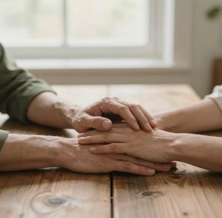 A warm, comforting editorial photograph of two hands gently resting near each other on a rustic wooden table, soft morning light filtering through a window, shallow depth of field, serene olive green and sand tones, professional and comforting mood.
