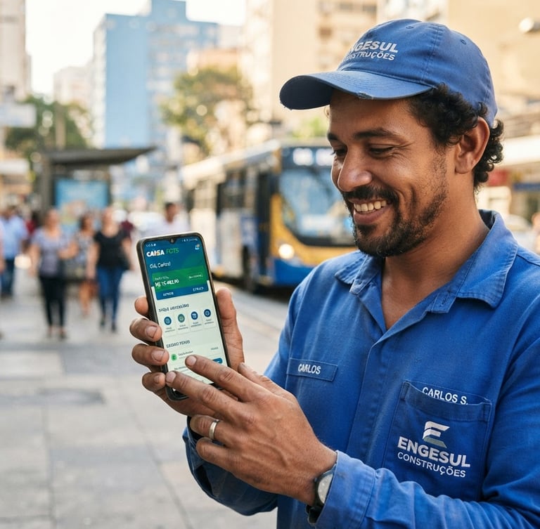 Retrato de um trabalhador brasileiro sorrindo e olhando para a tela de um smartphone, que exibe o aplicativo do FGTS. Foco no rosto, nas mãos segurando o celular e na expressão de alívio e segurança. Iluminação natural e clara, tons de azul e dourado. O trabalhador está no terço direito da imagem.