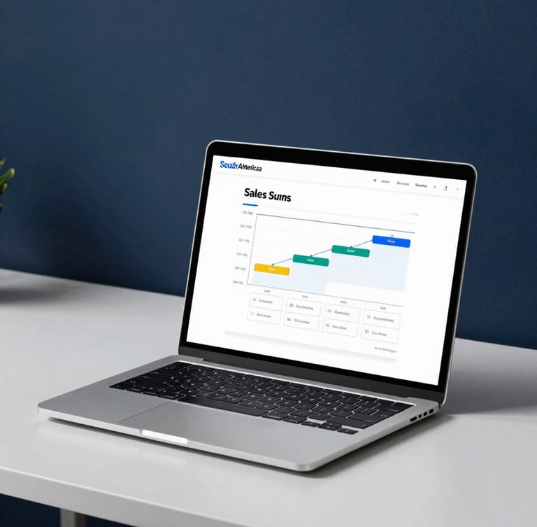 A minimalist workspace with a laptop displaying a clean sales funnel diagram on the screen, professional corporate setting in South America, white and dark blue lighting accents, architectural photography style.