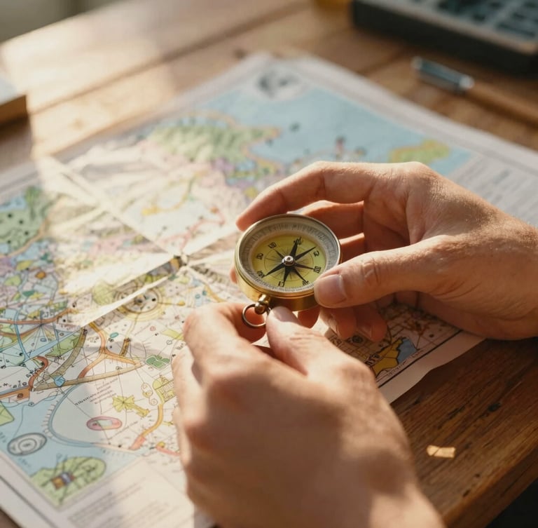 Close-up of hands holding a vintage compass over an open physical map on a wooden table, warm golden-hour sunlight streaming from the side, 35mm film