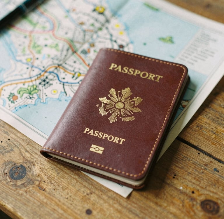 Close-up of a vintage leather passport holder and a hand-drawn map on a rustic wooden table, soft warm light, 35mm film