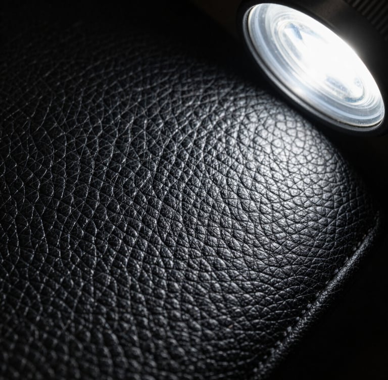 Extreme macro close-up of textured black leather pores under a sharp white LED detailing lamp, showing absolute dust absence and clean matte finish