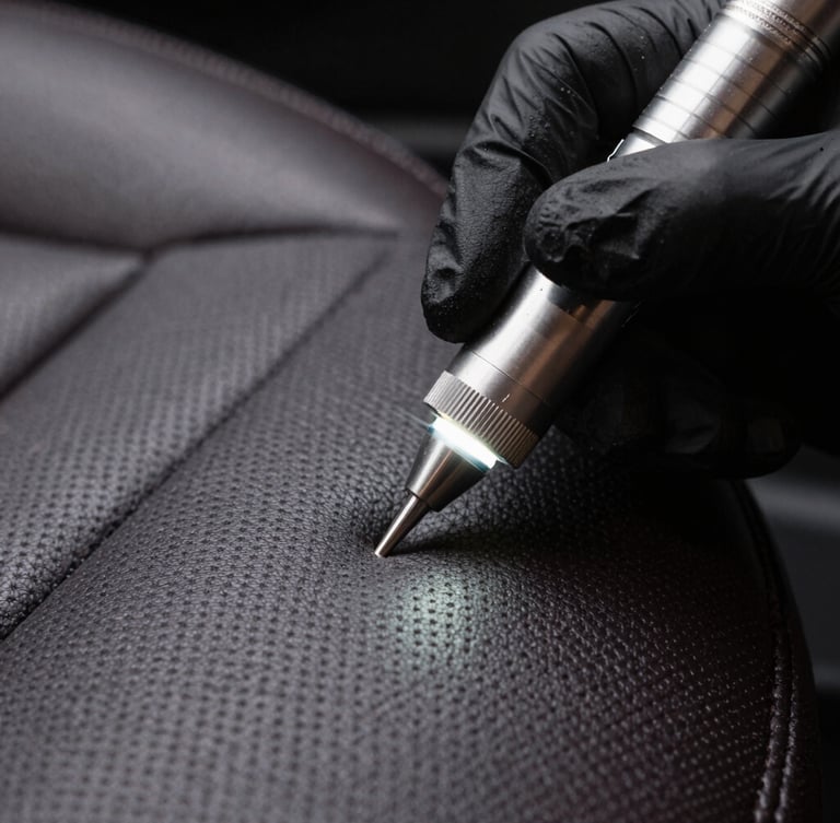 Extreme macro close-up shot of a detailing specialist's hand in a black nitrile glove using a precise LED penlight to inspect the clean pores of a dark leather car seat.
