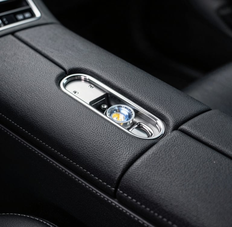 Macro shot of a luxury vehicle interior, focused LED light highlighting the perfect texture of clean black leather pores, dust-free dashboard seams, high-contrast directional lighting, technical precision