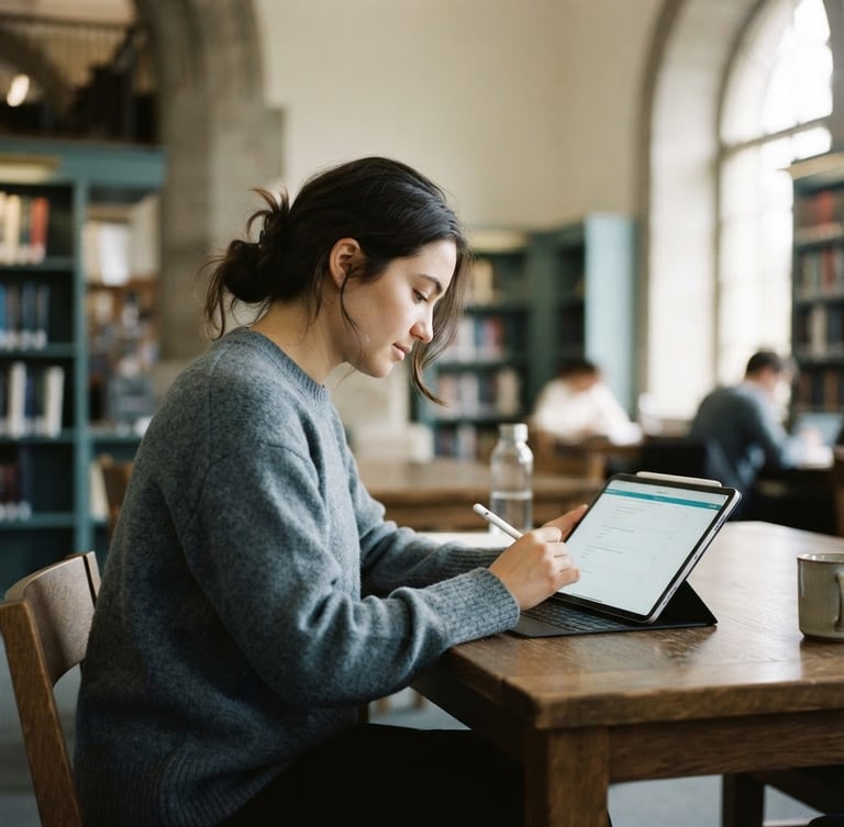 A student testing calmly on a tablet in a sunlit library, 35mm minimalist editorial photography, shallow depth of field, slate and teal tones