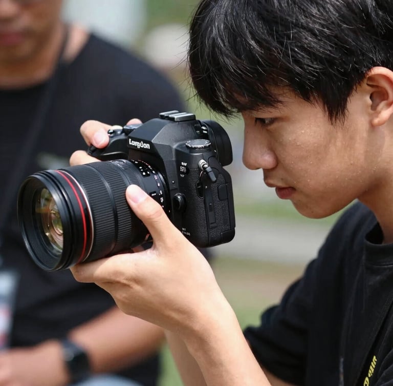 Candid close-up of a young person's hands operating a professional camera, a mentor's hand gently guiding, natural high-contrast daylight, dynamic composition showing focus and learning.