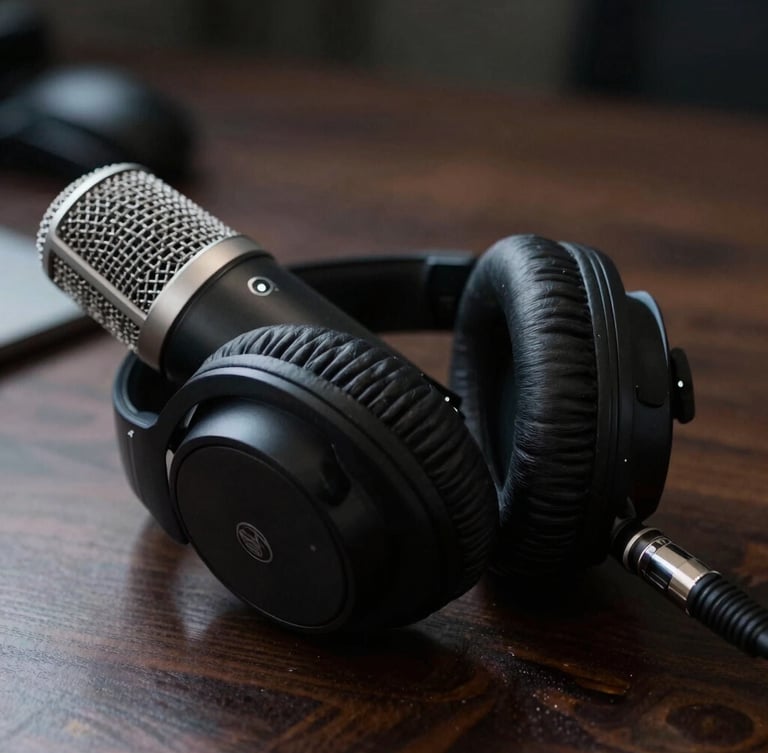 A macro close-up of a high-end podcast microphone and studio headphones resting on a dark oak desk, moody side-lighting, shallow depth of field.