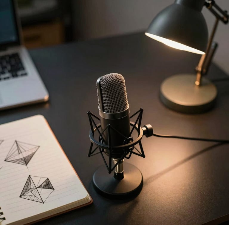 A close-up, moody overhead shot of a clean, dark creative desk with a professional podcast microphone, a notebook with geometric sketches, and a warm desk-lamp glow lighting the scene.