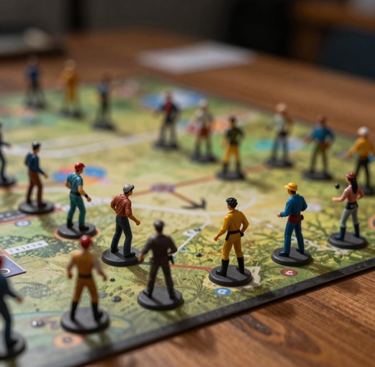 Macro shot of physical tabletop gaming terrain, detailed miniature figures, moody side-lighting casting sharp shadows across a wooden table, technical atmosphere