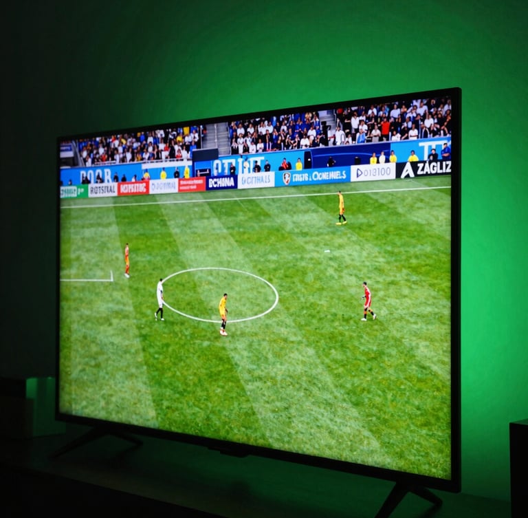 Dynamic close-up of a modern smart TV screen displaying a vibrant live soccer match in a dark room, neon green ambient glow on the wall, 35mm photography