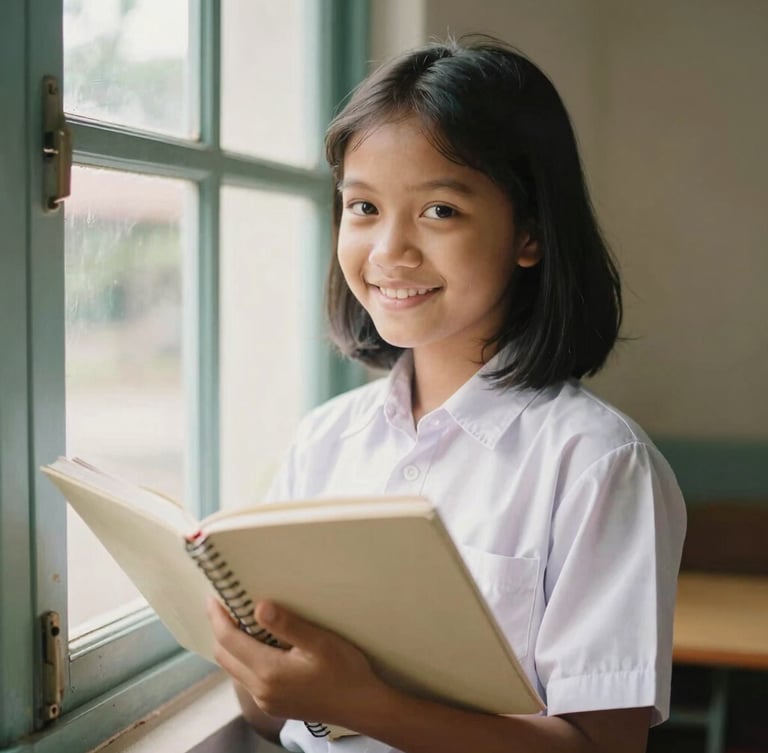 Warm editorial 35mm portrait of a young Indonesian girl in a clean school uniform, smiling as she holds a notebook, soft natural daylight coming from a window, rich organic tones, shallow depth of field.