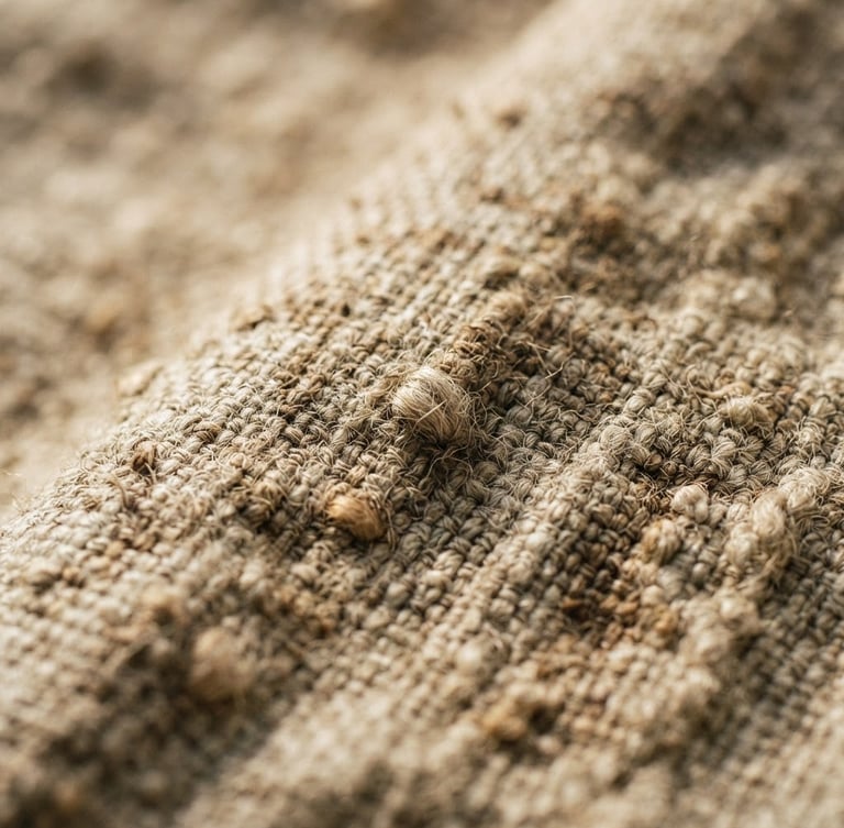 Macro close-up of heavy-gauge raw slub linen fabric, showing detailed structural weave, catching soft afternoon window light with gentle shadows, warm earth tones, shallow depth of field