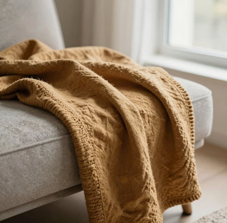 A close-up of a heavy ochre blanket draped over the arm of a low-slung modern concrete chair, soft raking window light highlighting the raw slub linen texture and thick woven edges, shallow depth of field