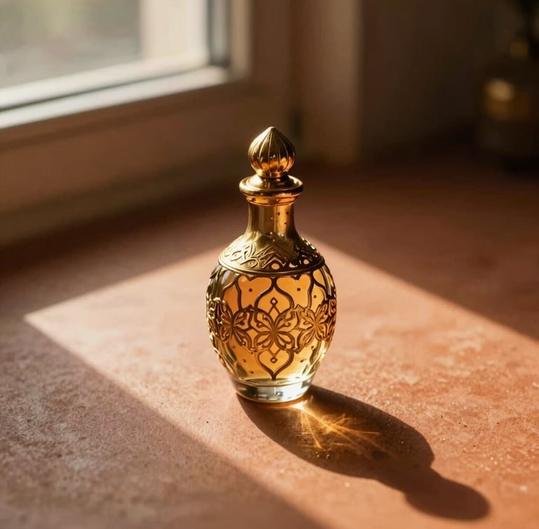 Close-up of an intricate gold and glass Arabic perfume bottle resting on a warm terracotta surface, golden hour window light casting long dramatic shadows, shallow depth of field, 35mm
