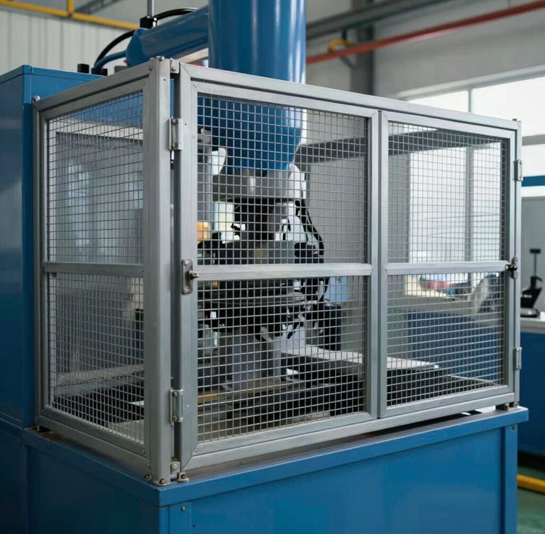 Industrial machine with physical safety barriers installed, steel mesh guards conforming to NR-12 standards, clean factory setting