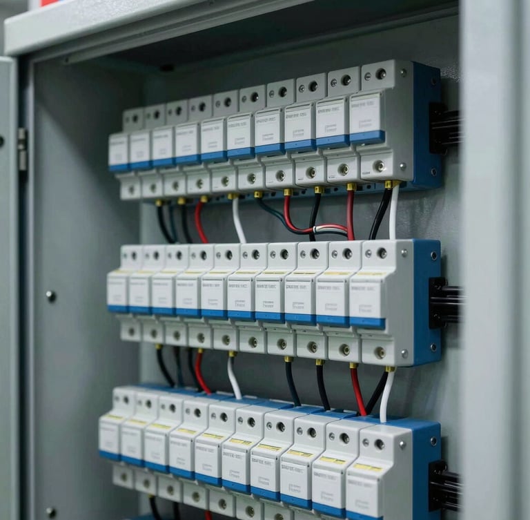 Close-up of a meticulously wired industrial electrical panel with PLC modules and safety relays, clean wire management, technical lighting
