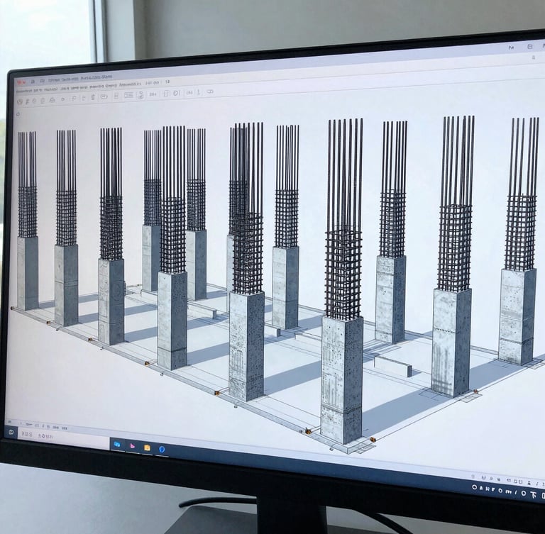 Close-up of a structural engineer's monitor displaying a complex 3D BIM model of steel rebar reinforcement inside concrete columns, sharp focus, cool blue tone