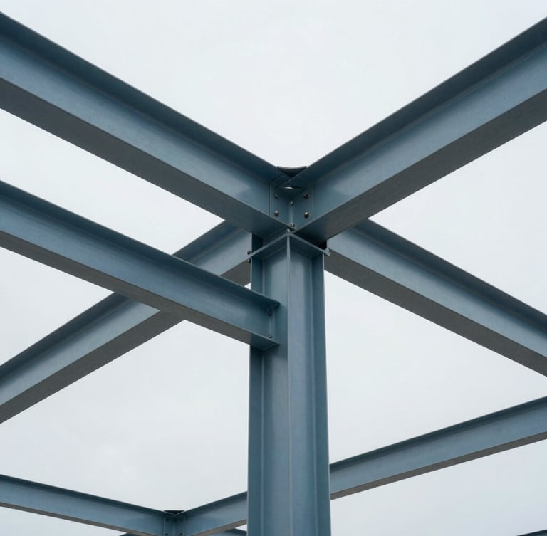 Cool architectural photography, bright overcast daylight, desaturated blue and steel tones, sharp focus, close-up of structural steel joint connection on a modern building site.