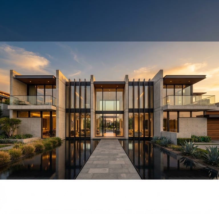 Wide-angle architectural symmetry of a luxury modern concrete and glass residence at golden hour, sharp focus, clean lines, 35mm
