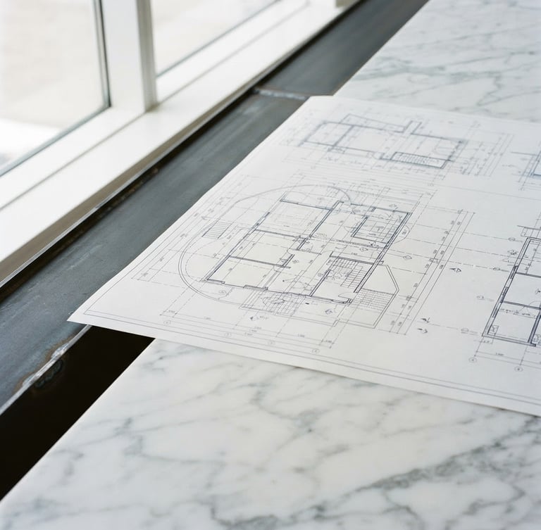 Close-up of clean technical blueprints overlaid on pristine marble and dark steel, sharp focus, natural daylight, architectural symmetry, 35mm