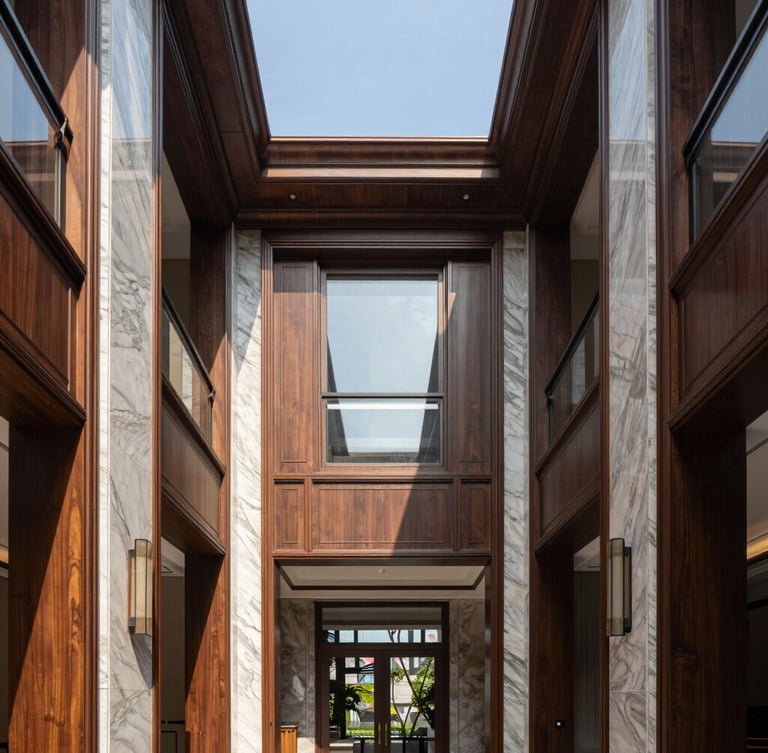 Symmetrical architectural shot of a luxury residential interior, high ceilings, premium wood and marble finishes, flooded with natural daylight, 35mm