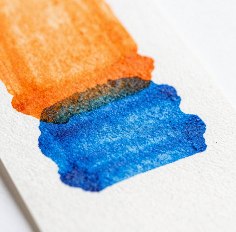 Macro detail shot of vibrant orange and electric blue ink layers drying on heavy textured cotton cardstock, bright natural daylight, 50mm lens
