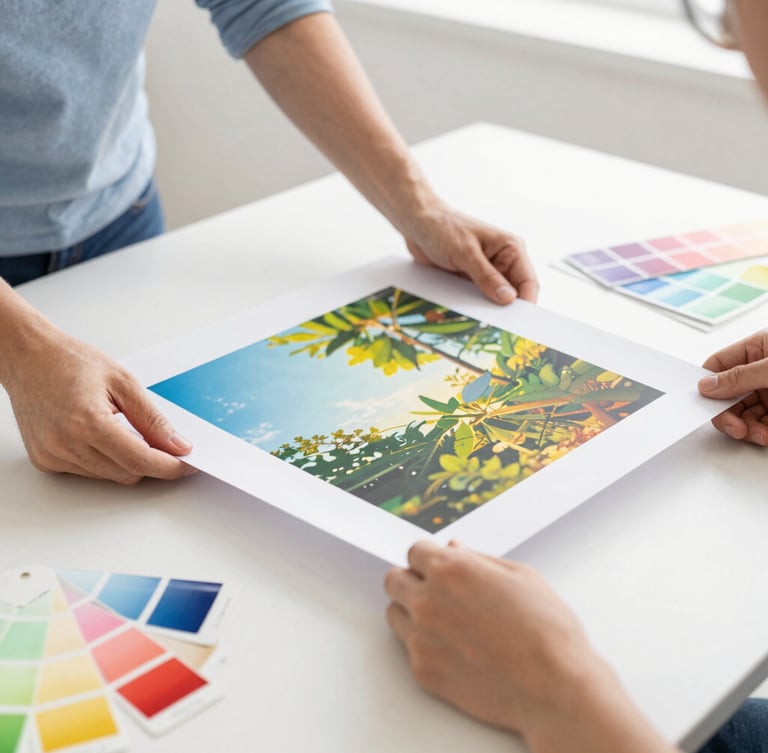 High-key environmental portrait of print specialists examining a large-format color proof under bright daylight, clean modern creative workspace, color swatches on the table, 50mm lens.