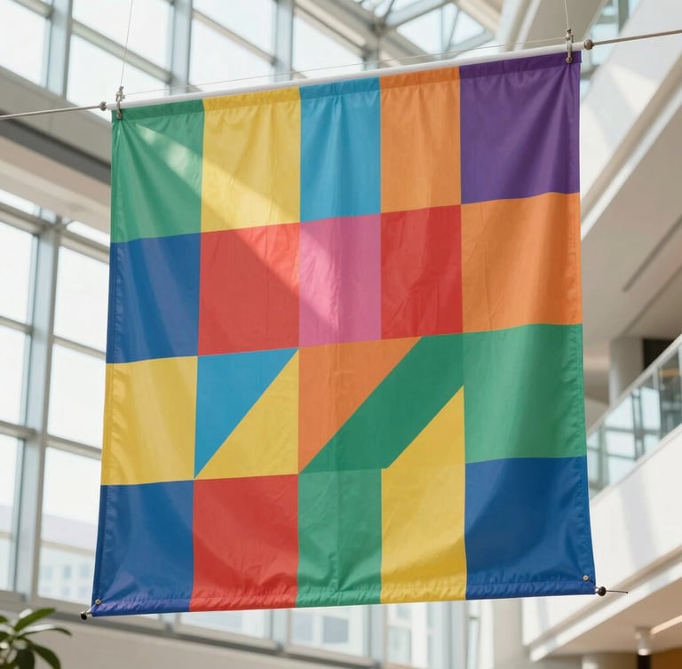 A wide-angle shot of a massive colorful event banner hanging in a bright, modern glass atrium, crisp natural daylight, vibrant saturated colors